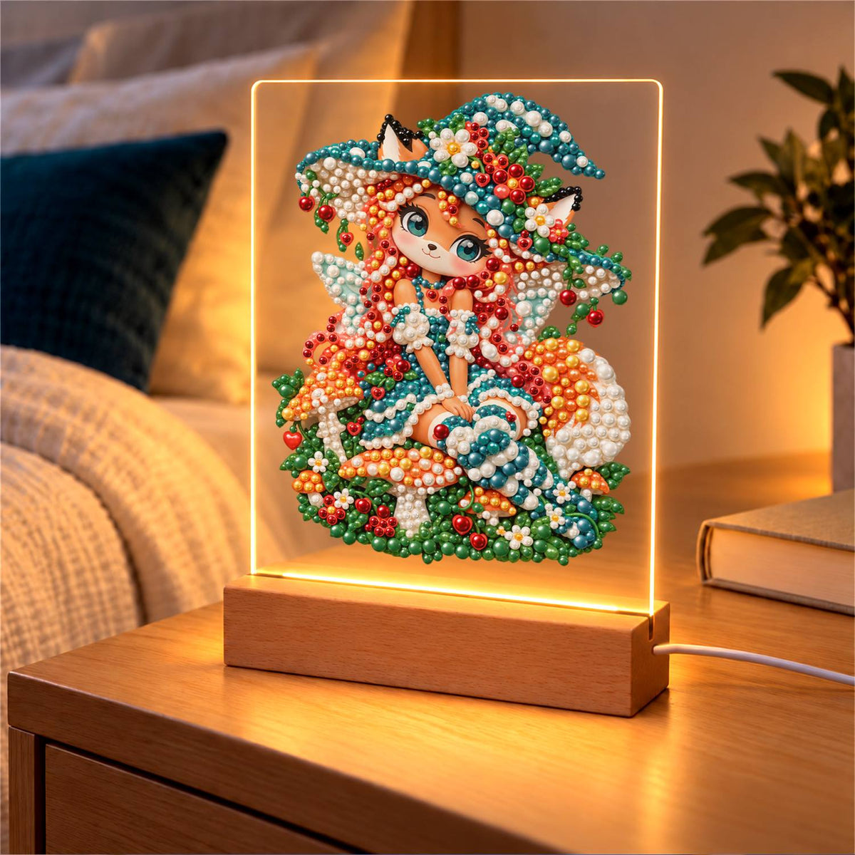Red-Haired Fox Girl and Toadstools (Light-Up Pearl Painting)
