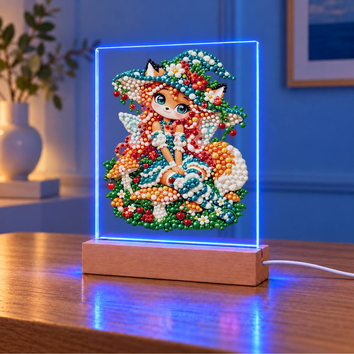 Red-Haired Fox Girl and Toadstools (Light-Up Pearl Painting)