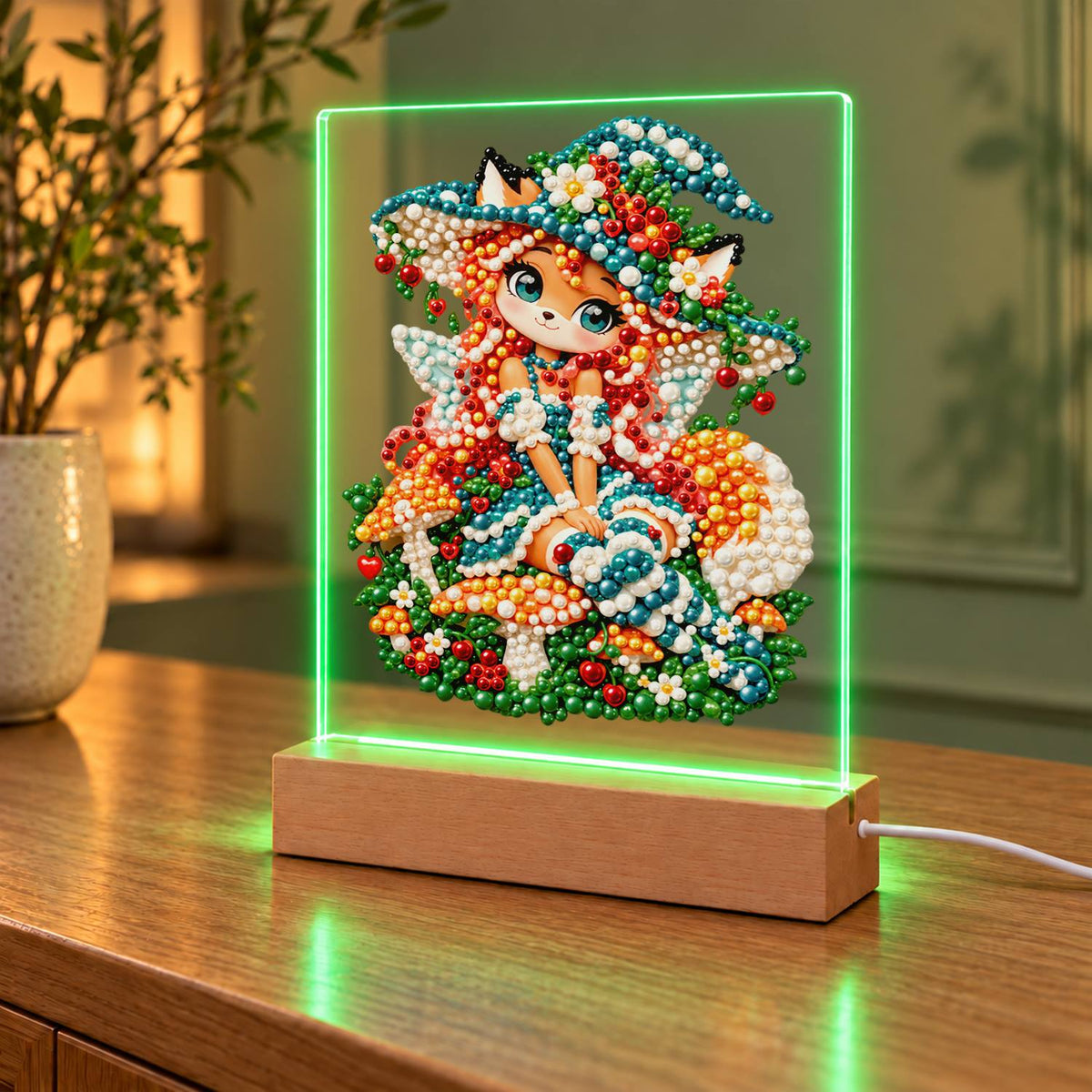 Red-Haired Fox Girl and Toadstools (Light-Up Pearl Painting)