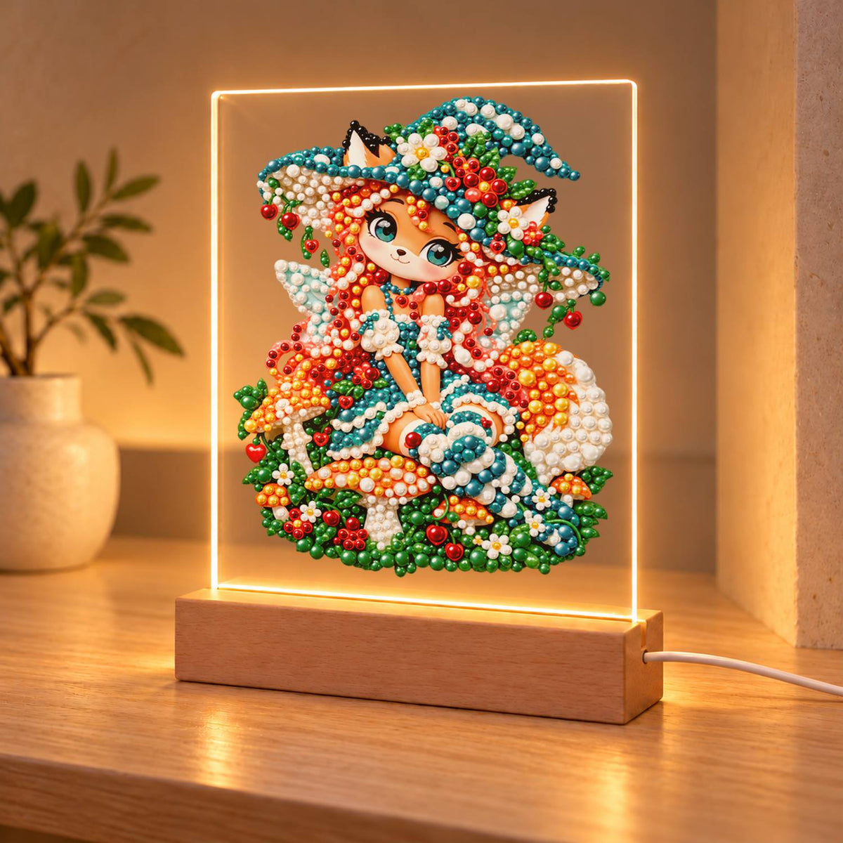 Red-Haired Fox Girl and Toadstools (Light-Up Pearl Painting)