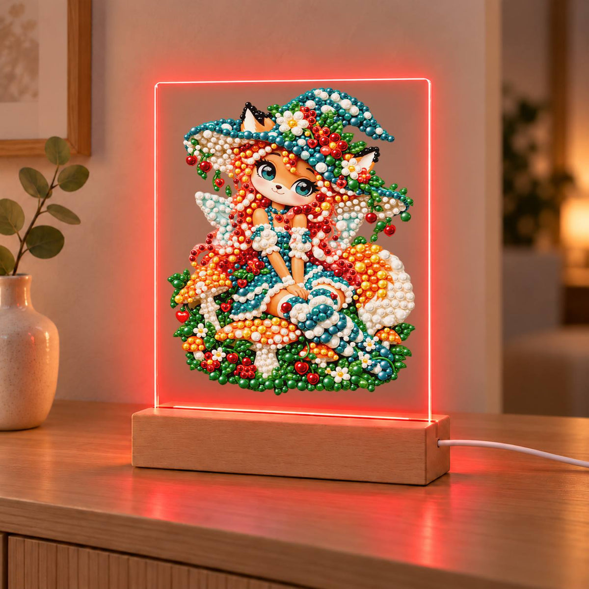 Red-Haired Fox Girl and Toadstools (Light-Up Pearl Painting)
