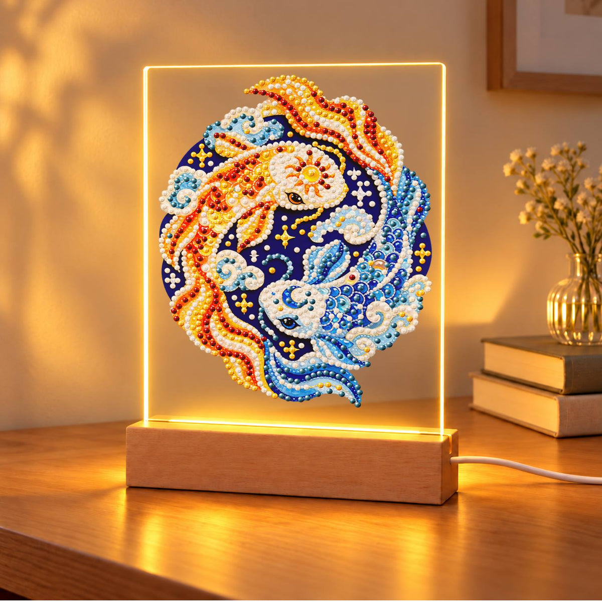 Gold and Blue Koi Yin-Yang (Light-Up Pearl Painting)