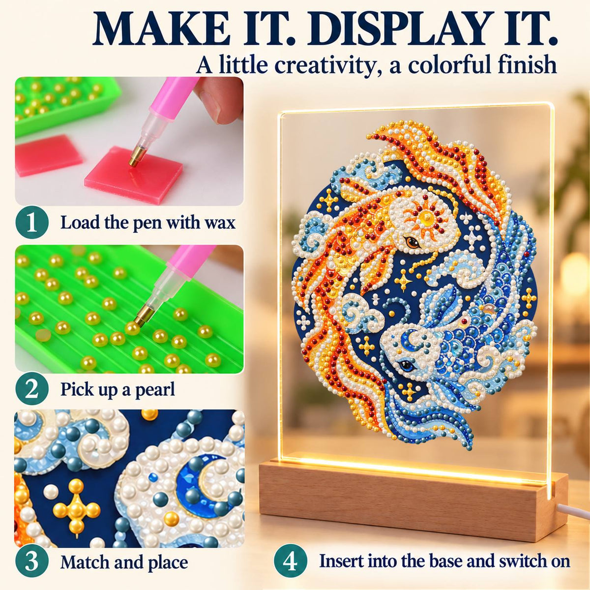 Gold and Blue Koi Yin-Yang (Light-Up Pearl Painting)