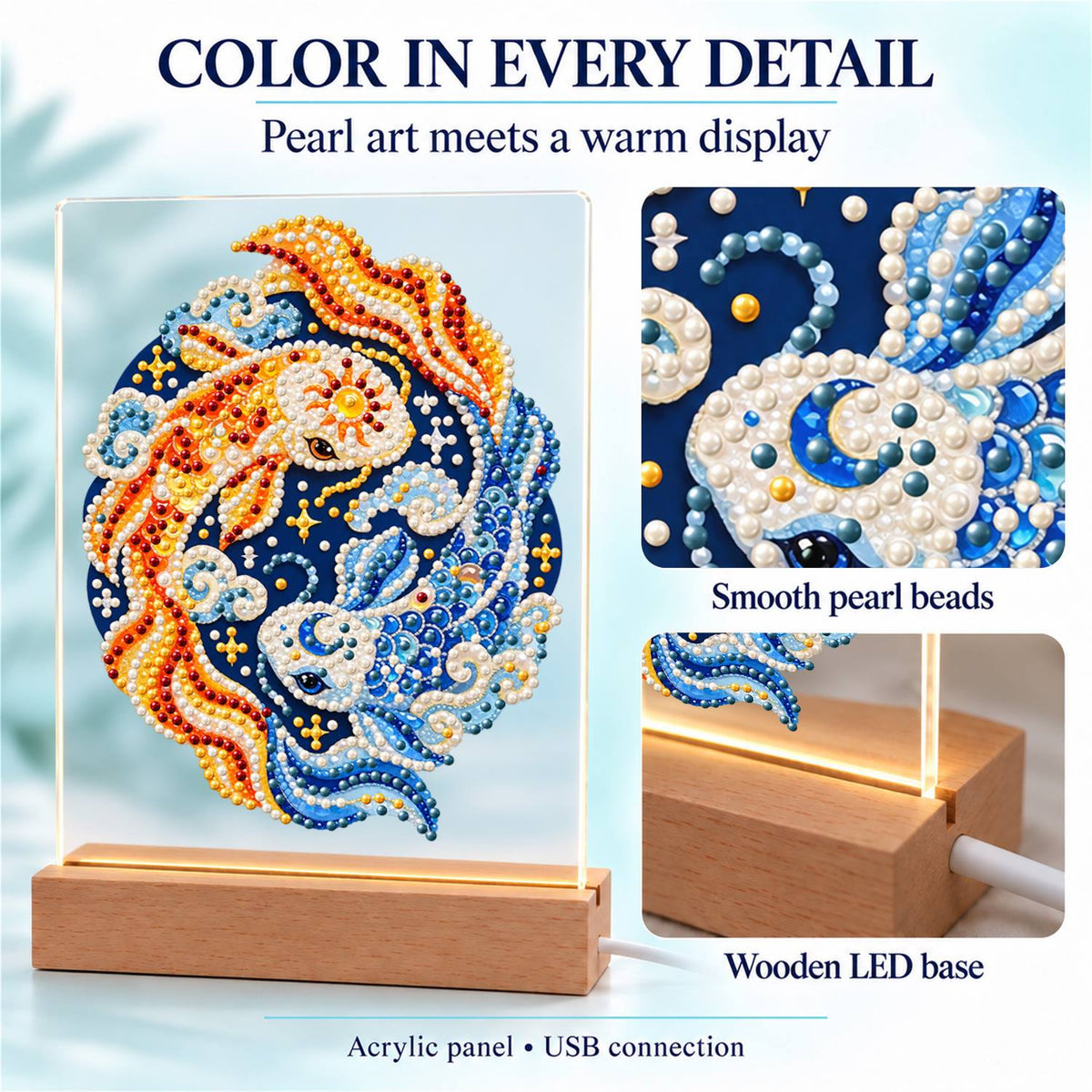 Gold and Blue Koi Yin-Yang (Light-Up Pearl Painting)