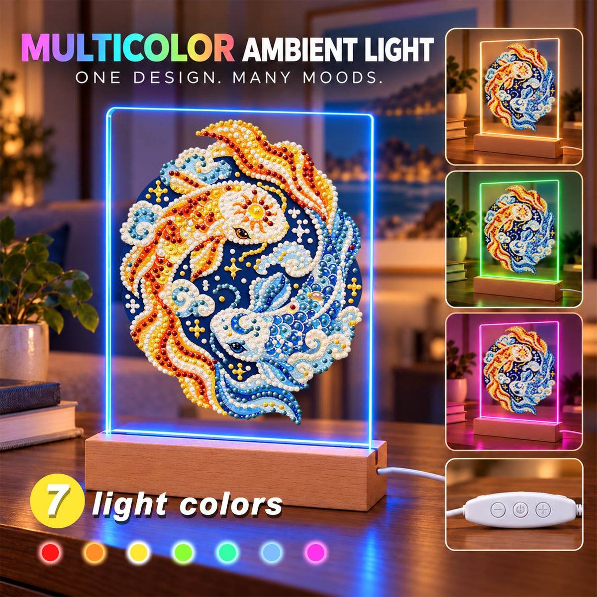 Gold and Blue Koi Yin-Yang (Light-Up Pearl Painting)