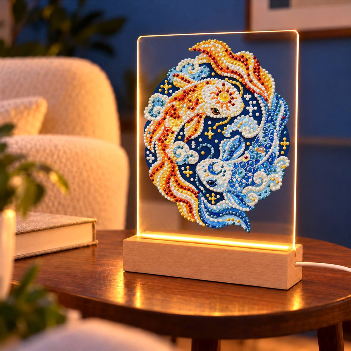 Gold and Blue Koi Yin-Yang (Light-Up Pearl Painting)