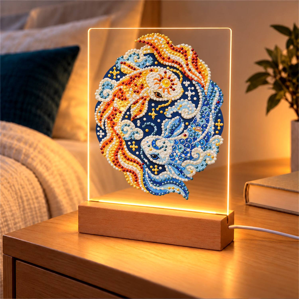 Gold and Blue Koi Yin-Yang (Light-Up Pearl Painting)