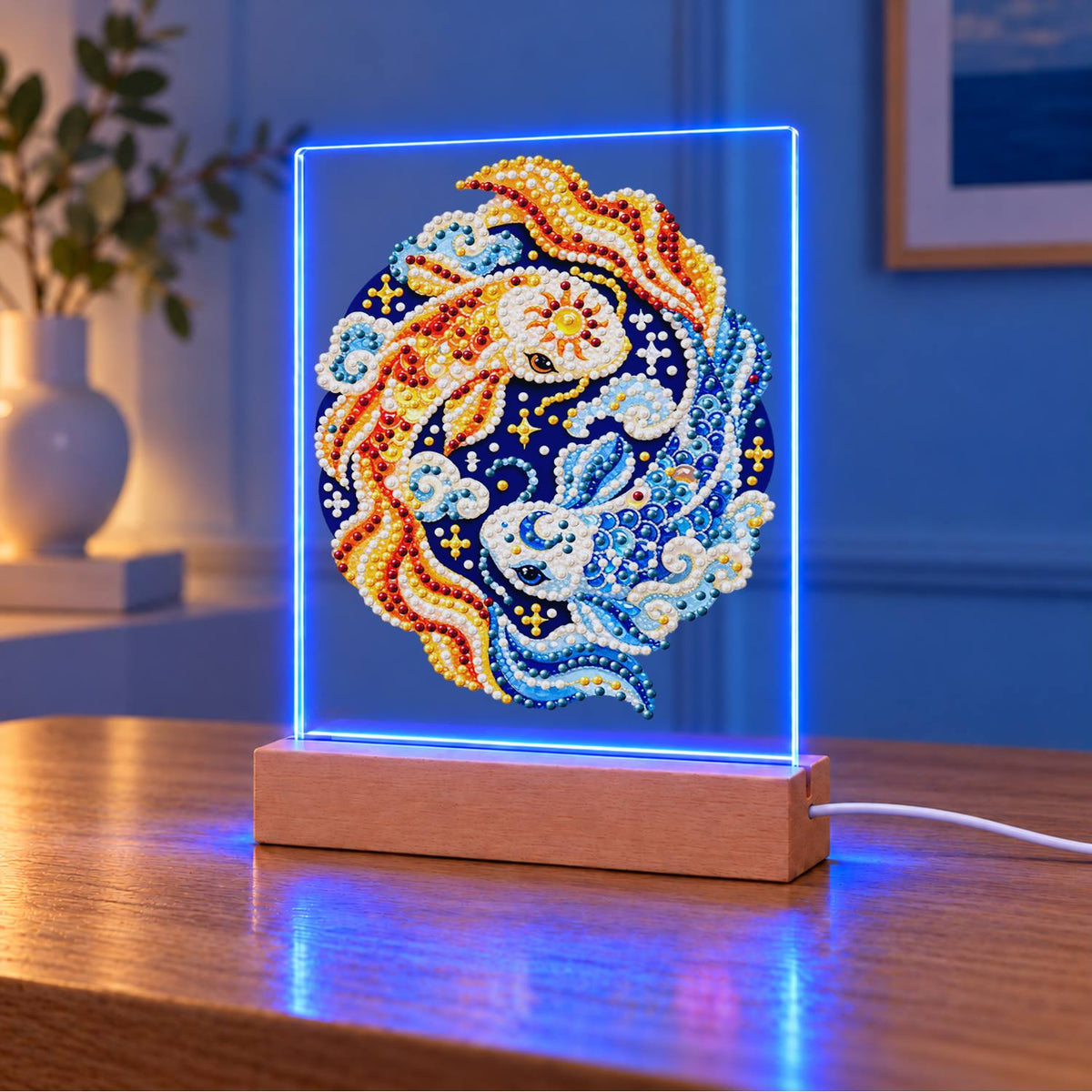 Gold and Blue Koi Yin-Yang (Light-Up Pearl Painting)