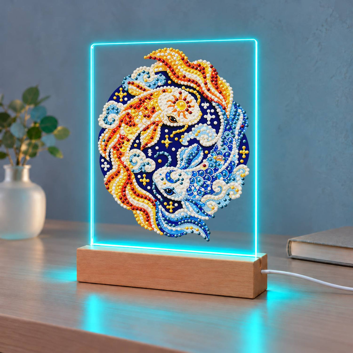 Gold and Blue Koi Yin-Yang (Light-Up Pearl Painting)