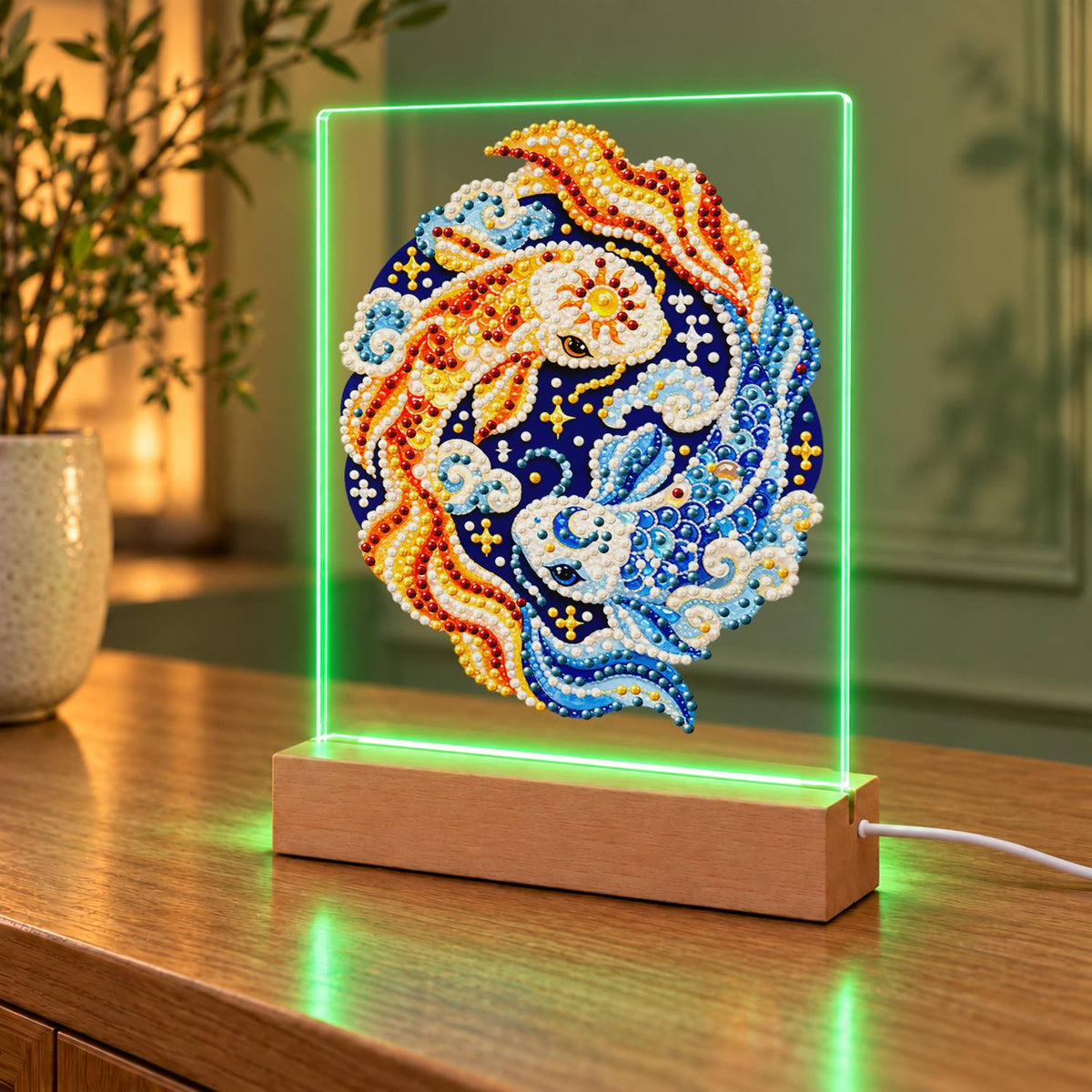Gold and Blue Koi Yin-Yang (Light-Up Pearl Painting)