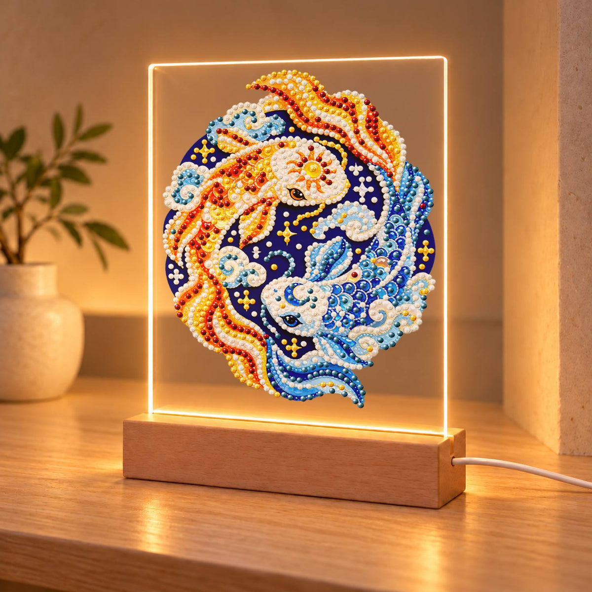 Gold and Blue Koi Yin-Yang (Light-Up Pearl Painting)