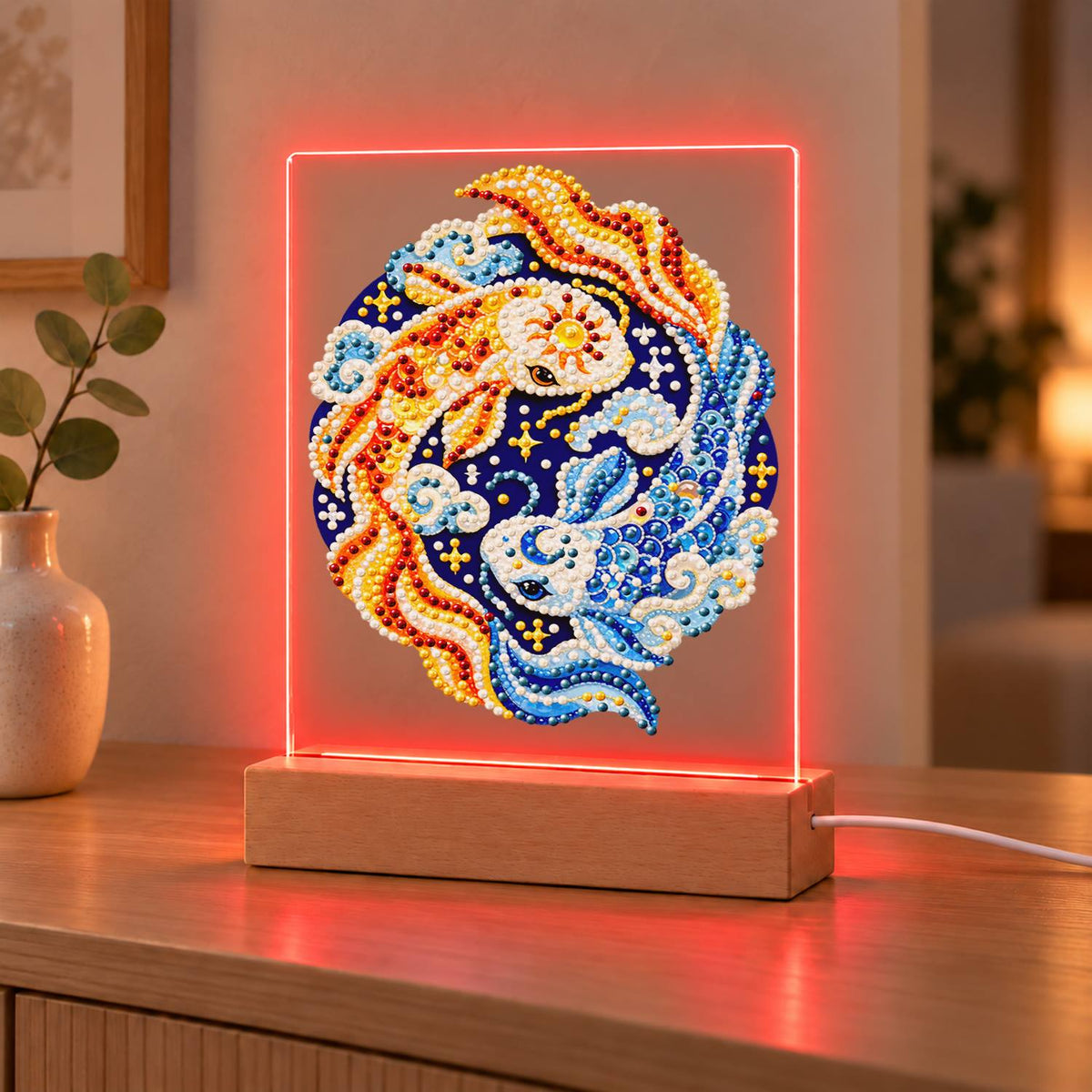 Gold and Blue Koi Yin-Yang (Light-Up Pearl Painting)