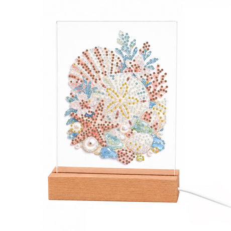Scallop Shells and Blue Coral light-up pearl painting – Pink and brown scallop shells with white shells and branches of blue coral