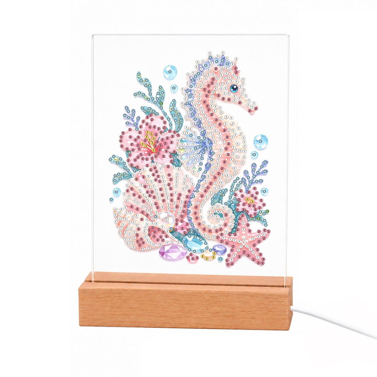 Blush Seahorse in a Coral Garden light-up pearl painting – Pink seahorse among coral, scallop shells, a starfish, teal seaweed and bubbles