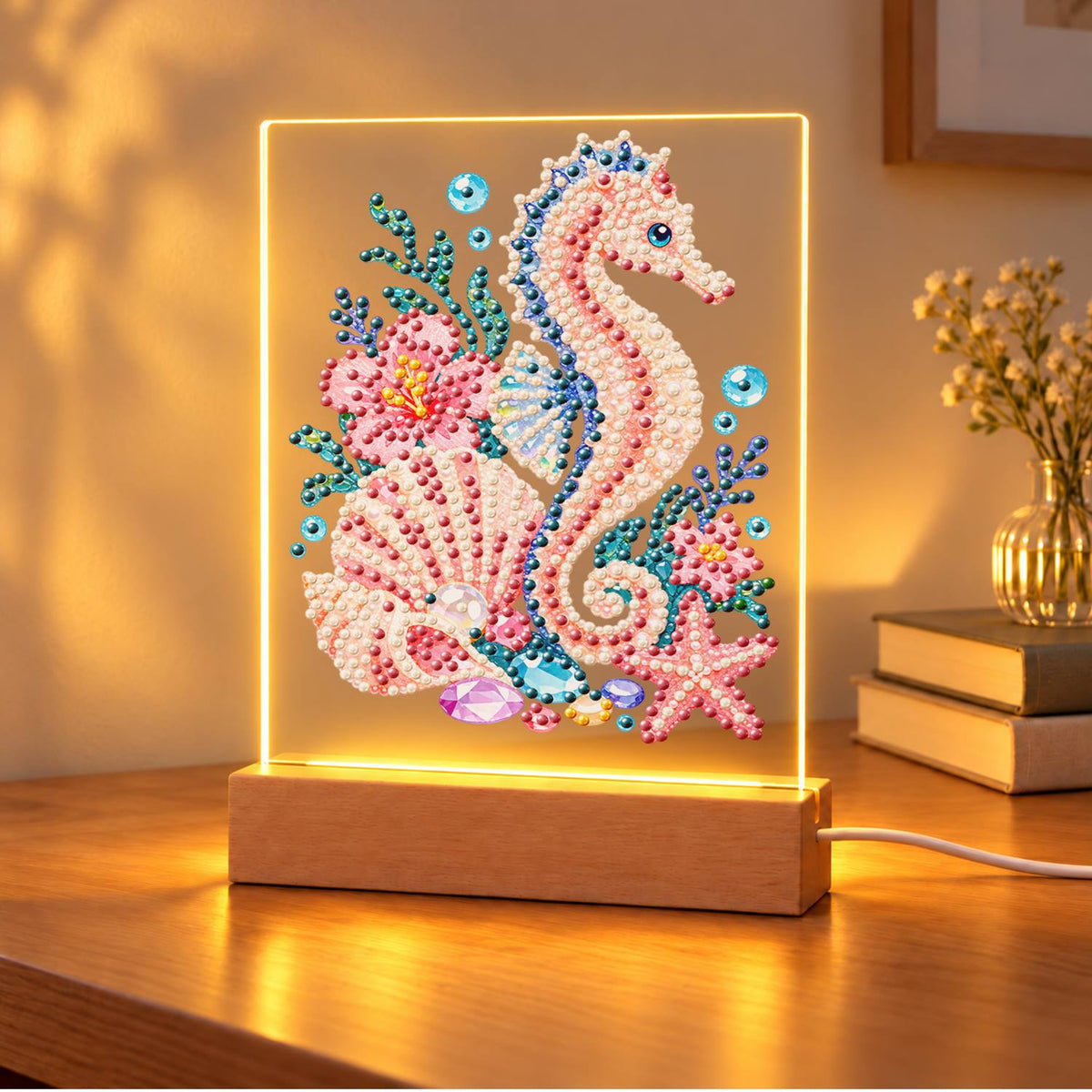 Blush Seahorse in a Coral Garden (Light-Up Pearl Painting)