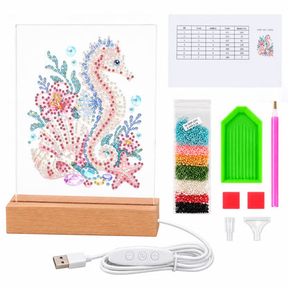 Blush Seahorse in a Coral Garden (Light-Up Pearl Painting)