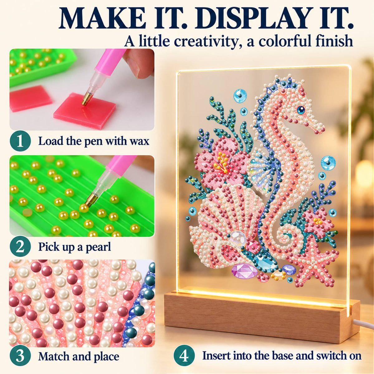 Blush Seahorse in a Coral Garden (Light-Up Pearl Painting)