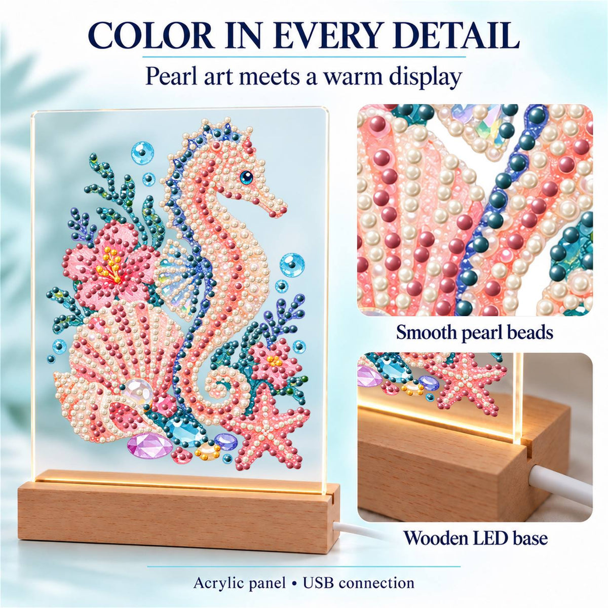Blush Seahorse in a Coral Garden (Light-Up Pearl Painting)