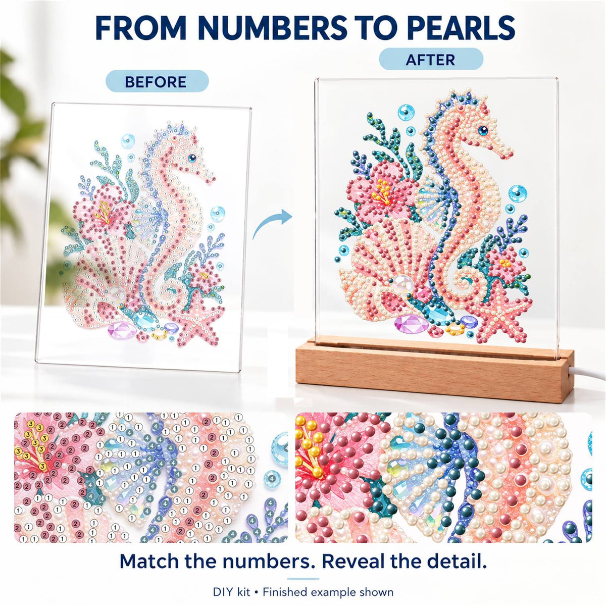 Blush Seahorse in a Coral Garden (Light-Up Pearl Painting)