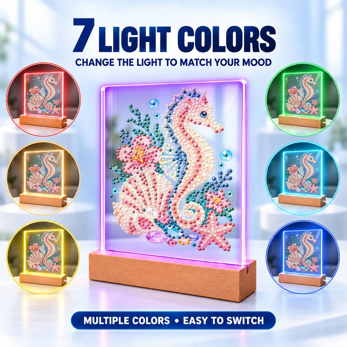 Blush Seahorse in a Coral Garden (Light-Up Pearl Painting)
