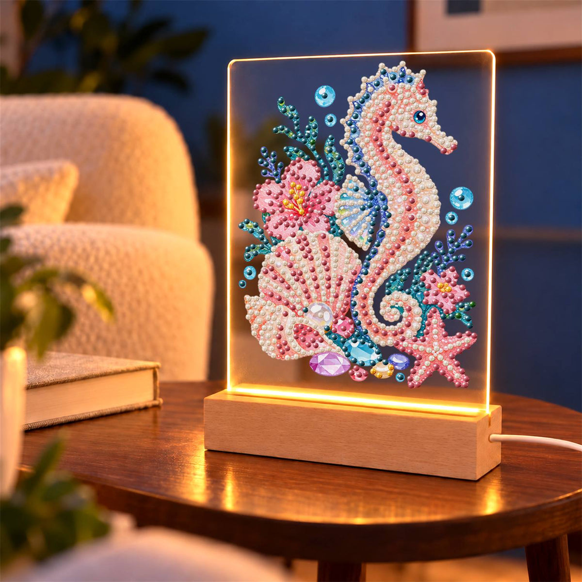Blush Seahorse in a Coral Garden (Light-Up Pearl Painting)