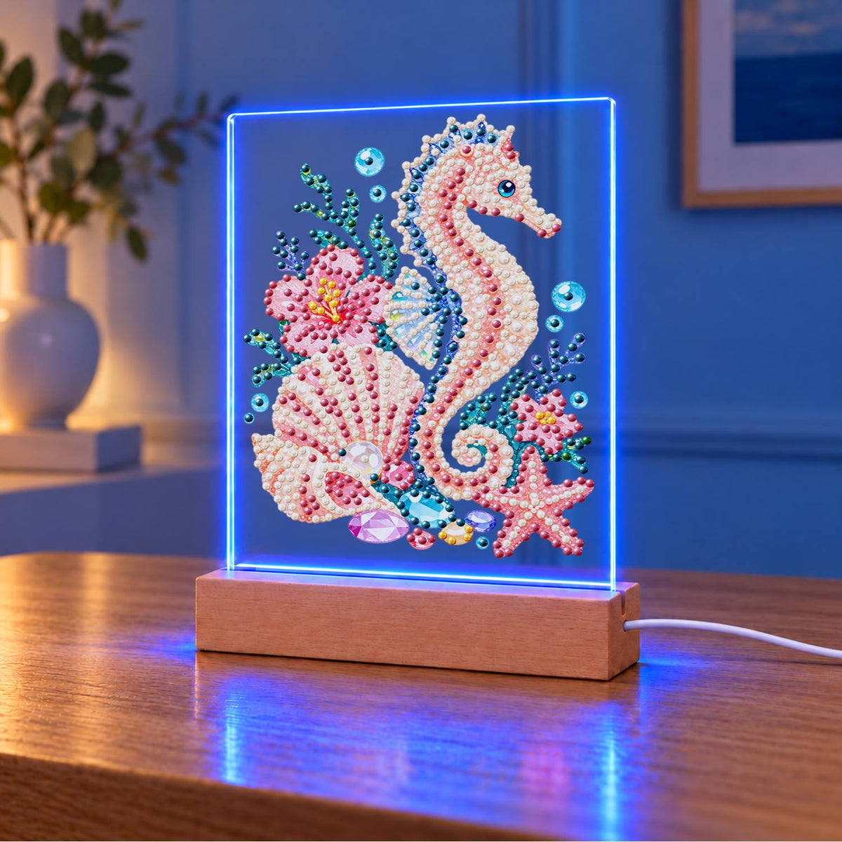 Blush Seahorse in a Coral Garden (Light-Up Pearl Painting)