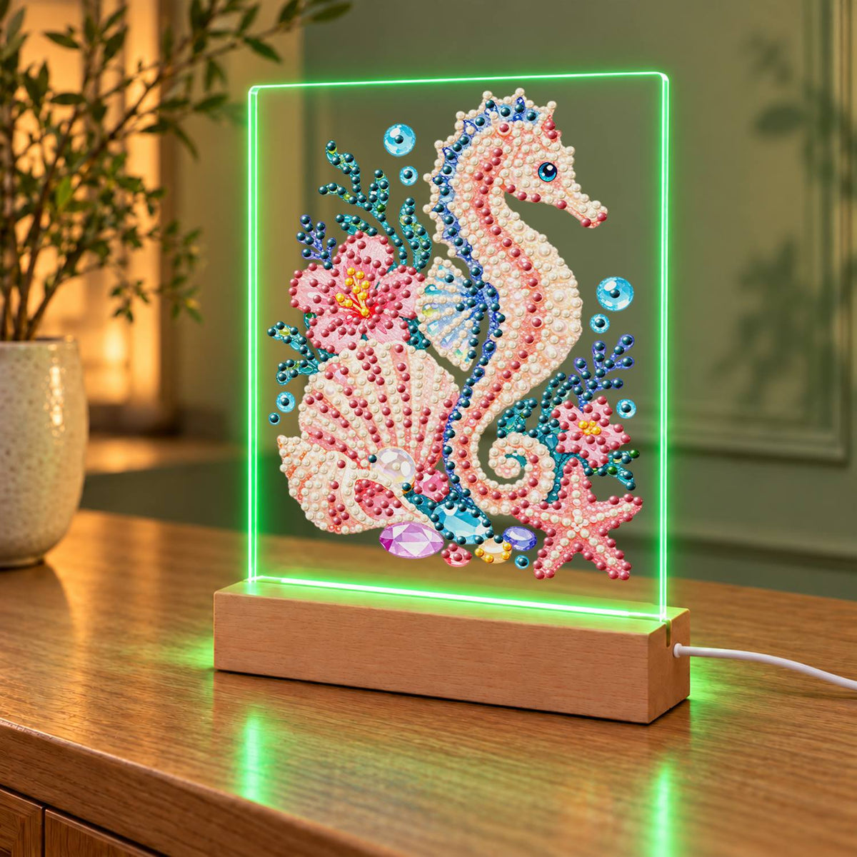 Blush Seahorse in a Coral Garden (Light-Up Pearl Painting)