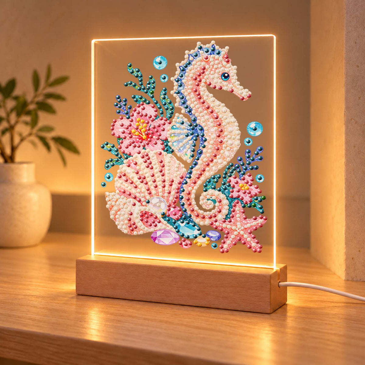 Blush Seahorse in a Coral Garden (Light-Up Pearl Painting)