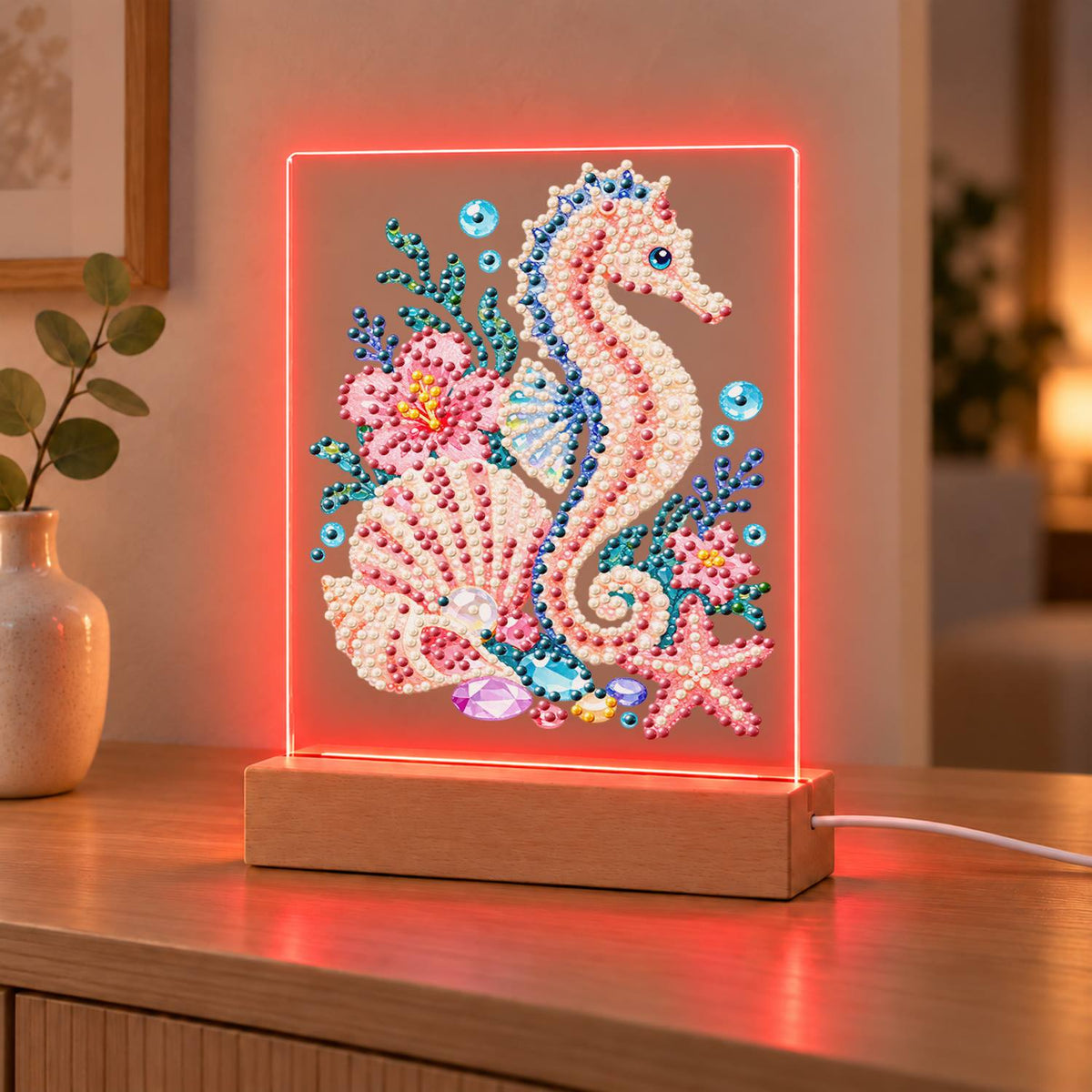 Blush Seahorse in a Coral Garden (Light-Up Pearl Painting)