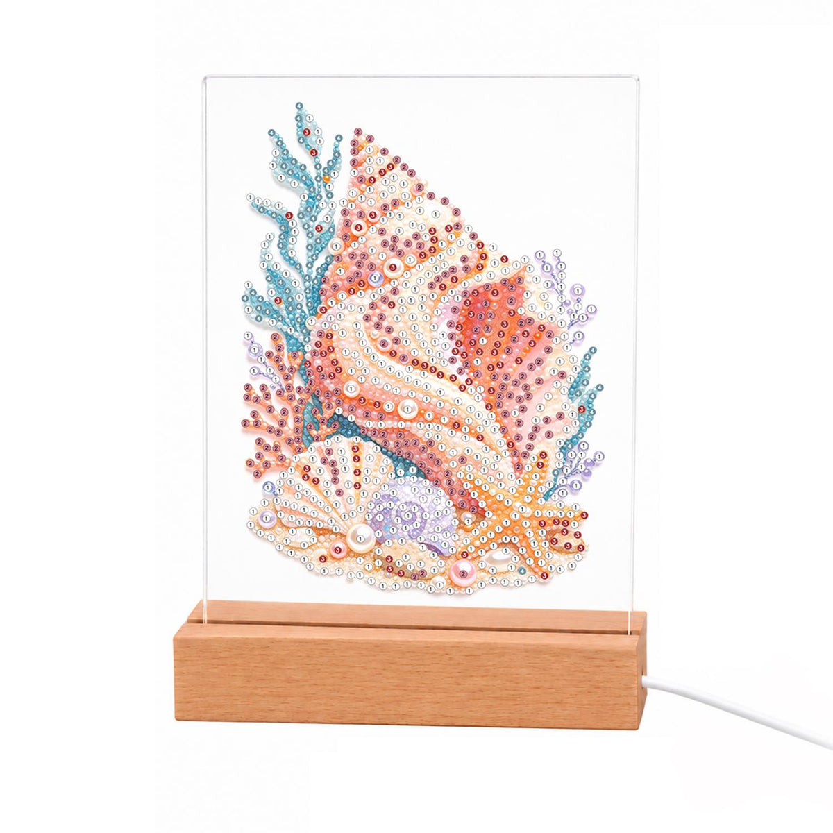 Peach Conch with a Starfish light-up pearl painting – Large peach spiral conch shell with a starfish, small shells, coral and teal seaweed