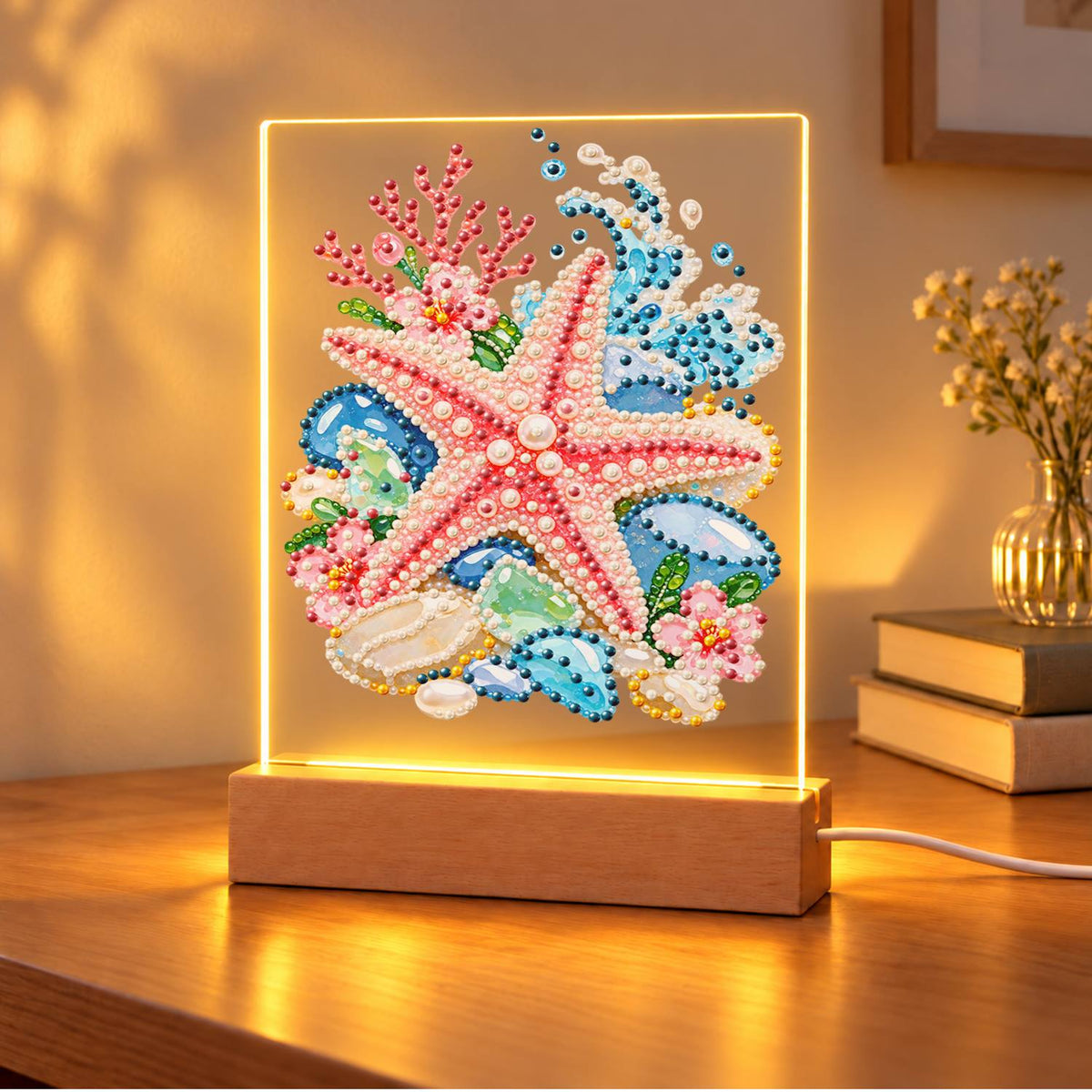 Pink Starfish on Sea Glass Stones (Light-Up Pearl Painting)