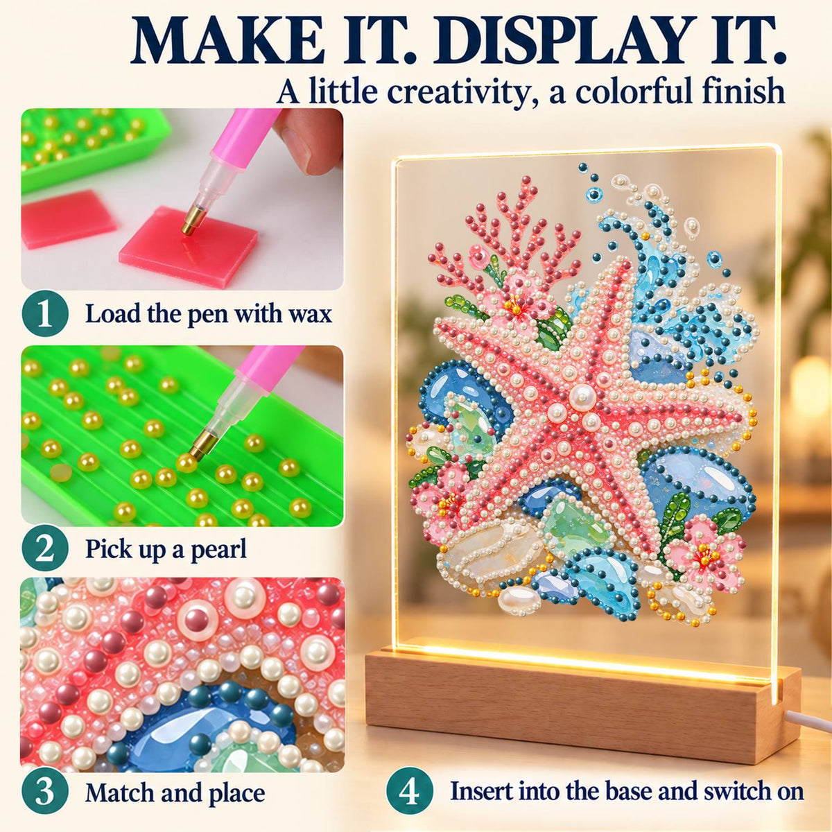 Pink Starfish on Sea Glass Stones (Light-Up Pearl Painting)