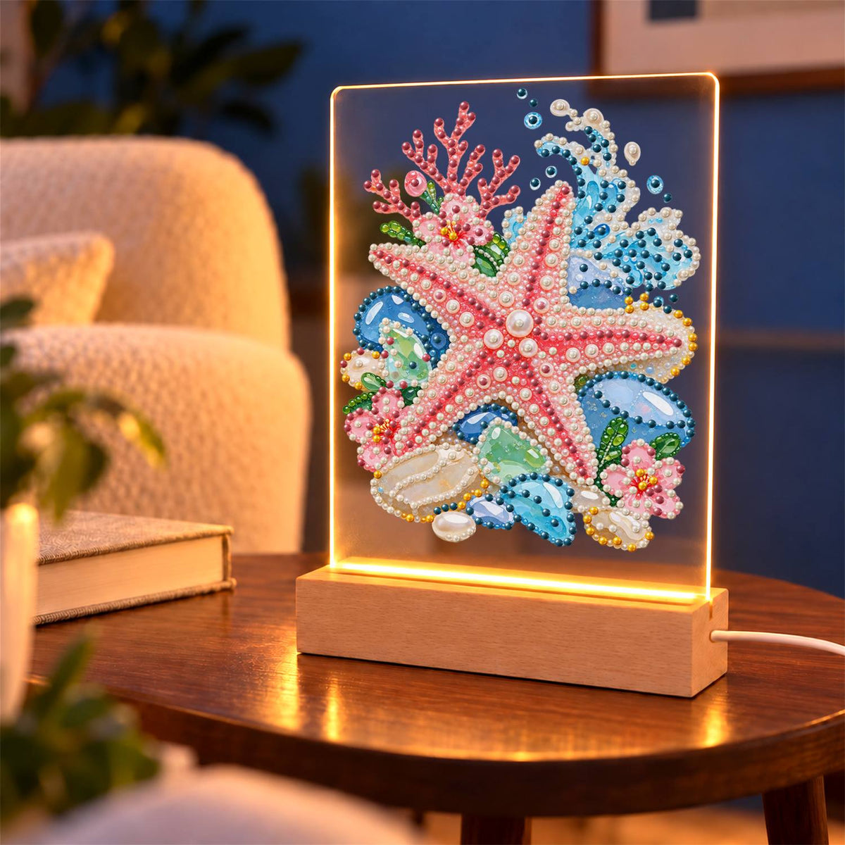 Pink Starfish on Sea Glass Stones (Light-Up Pearl Painting)