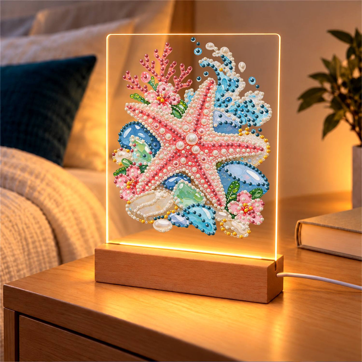Pink Starfish on Sea Glass Stones (Light-Up Pearl Painting)