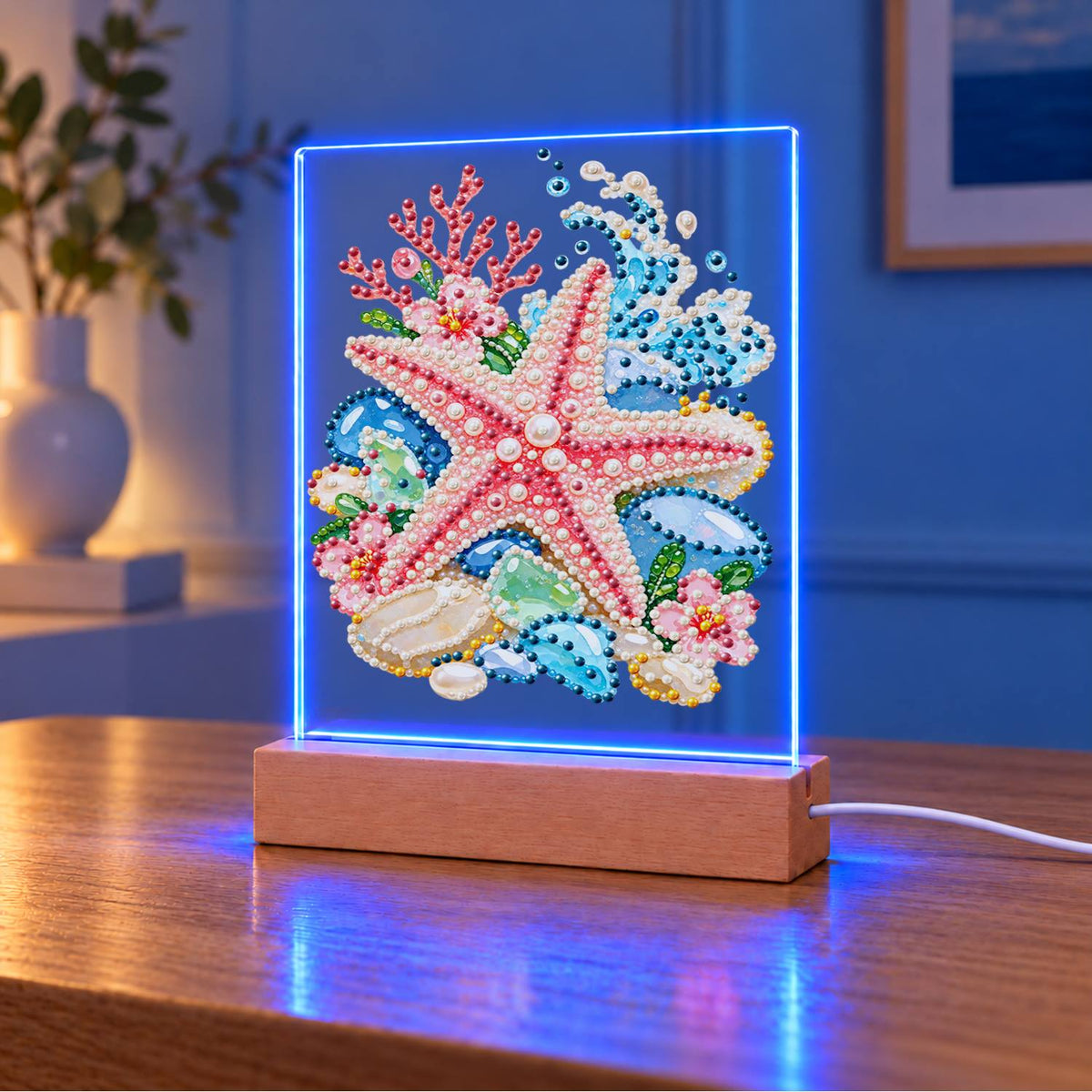Pink Starfish on Sea Glass Stones (Light-Up Pearl Painting)