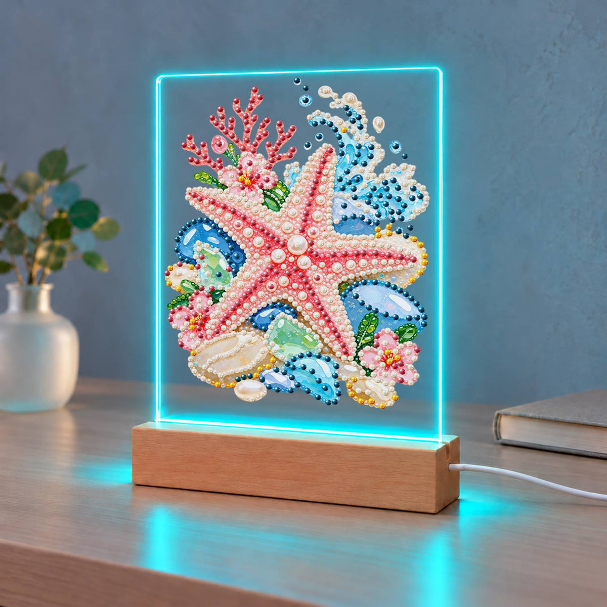Pink Starfish on Sea Glass Stones (Light-Up Pearl Painting)