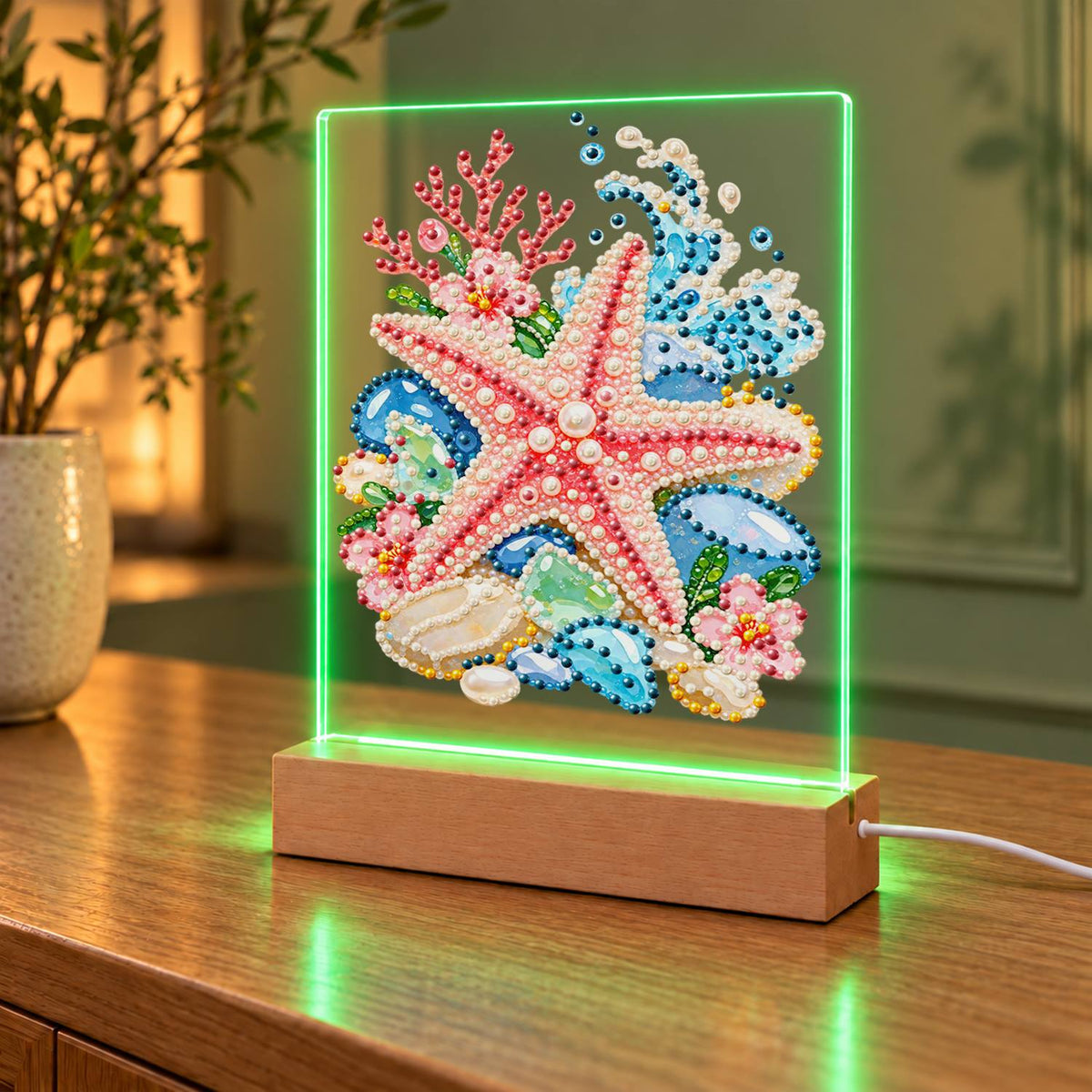 Pink Starfish on Sea Glass Stones (Light-Up Pearl Painting)