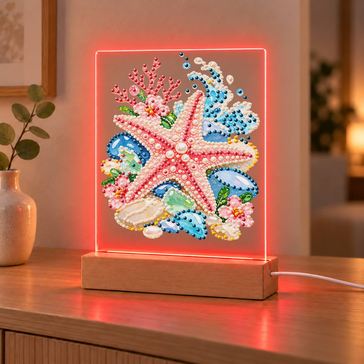 Pink Starfish on Sea Glass Stones (Light-Up Pearl Painting)