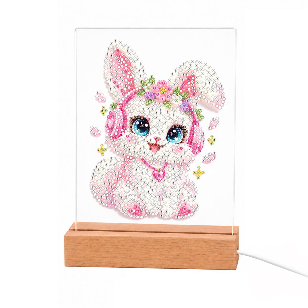 Flower-Crowned Bunny in Headphones light-up pearl painting – Pink-and-white bunny in pink headphones and a flower crown with a heart pendant and big blue eyes