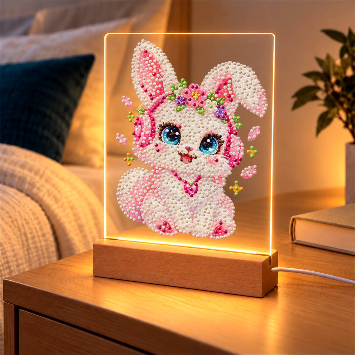 Flower-Crowned Bunny in Headphones (Light-Up Pearl Painting)