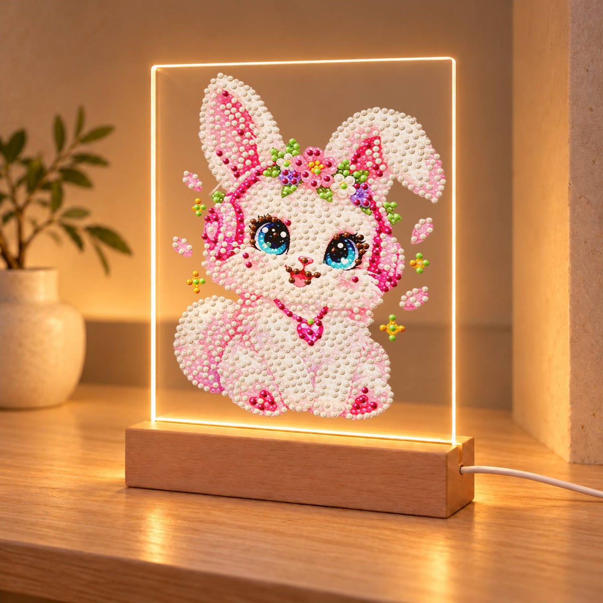 Flower-Crowned Bunny in Headphones (Light-Up Pearl Painting)