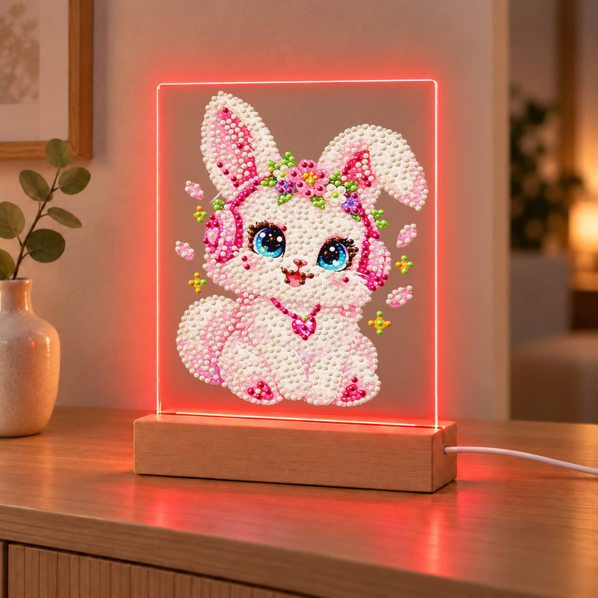 Flower-Crowned Bunny in Headphones (Light-Up Pearl Painting)