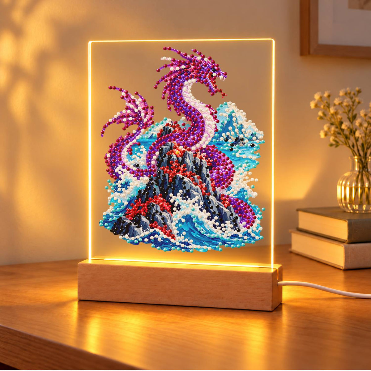 Violet Dragon Over Crashing Waves (Light-Up Pearl Painting)