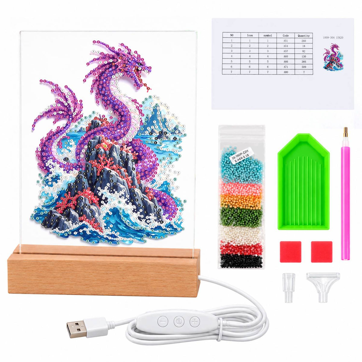 Violet Dragon Over Crashing Waves (Light-Up Pearl Painting)