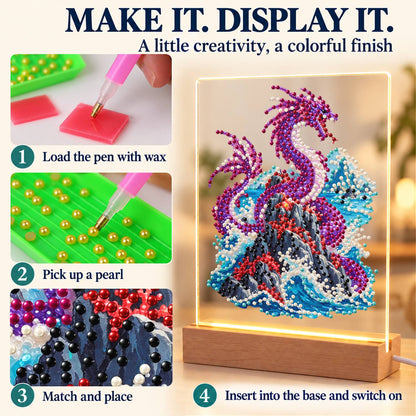 Violet Dragon Over Crashing Waves (Light-Up Pearl Painting)