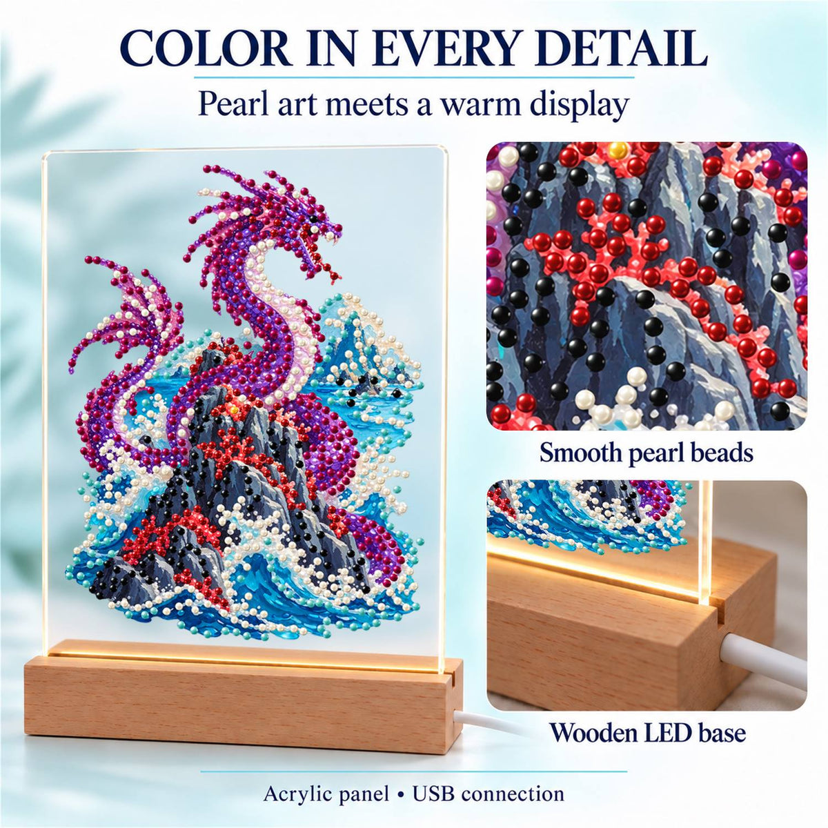 Violet Dragon Over Crashing Waves (Light-Up Pearl Painting)