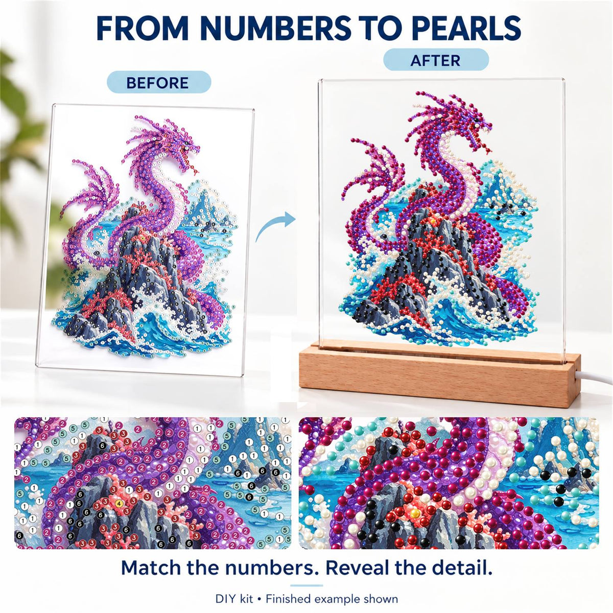 Violet Dragon Over Crashing Waves (Light-Up Pearl Painting)