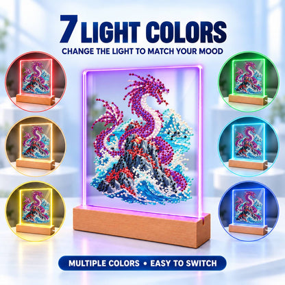 Violet Dragon Over Crashing Waves (Light-Up Pearl Painting)