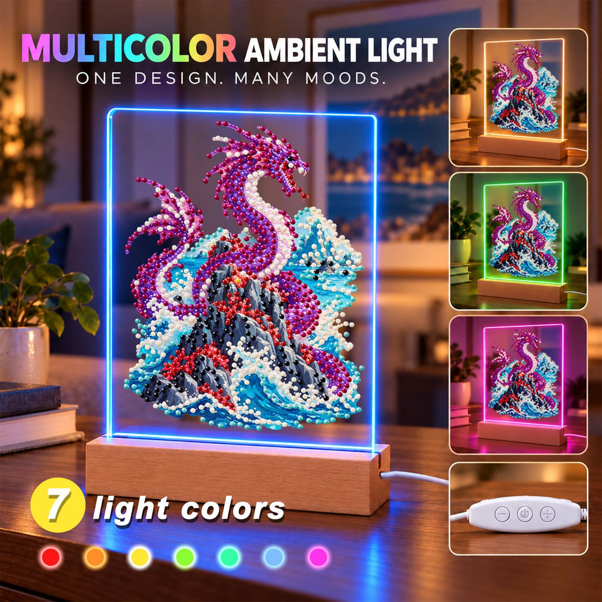 Violet Dragon Over Crashing Waves (Light-Up Pearl Painting)