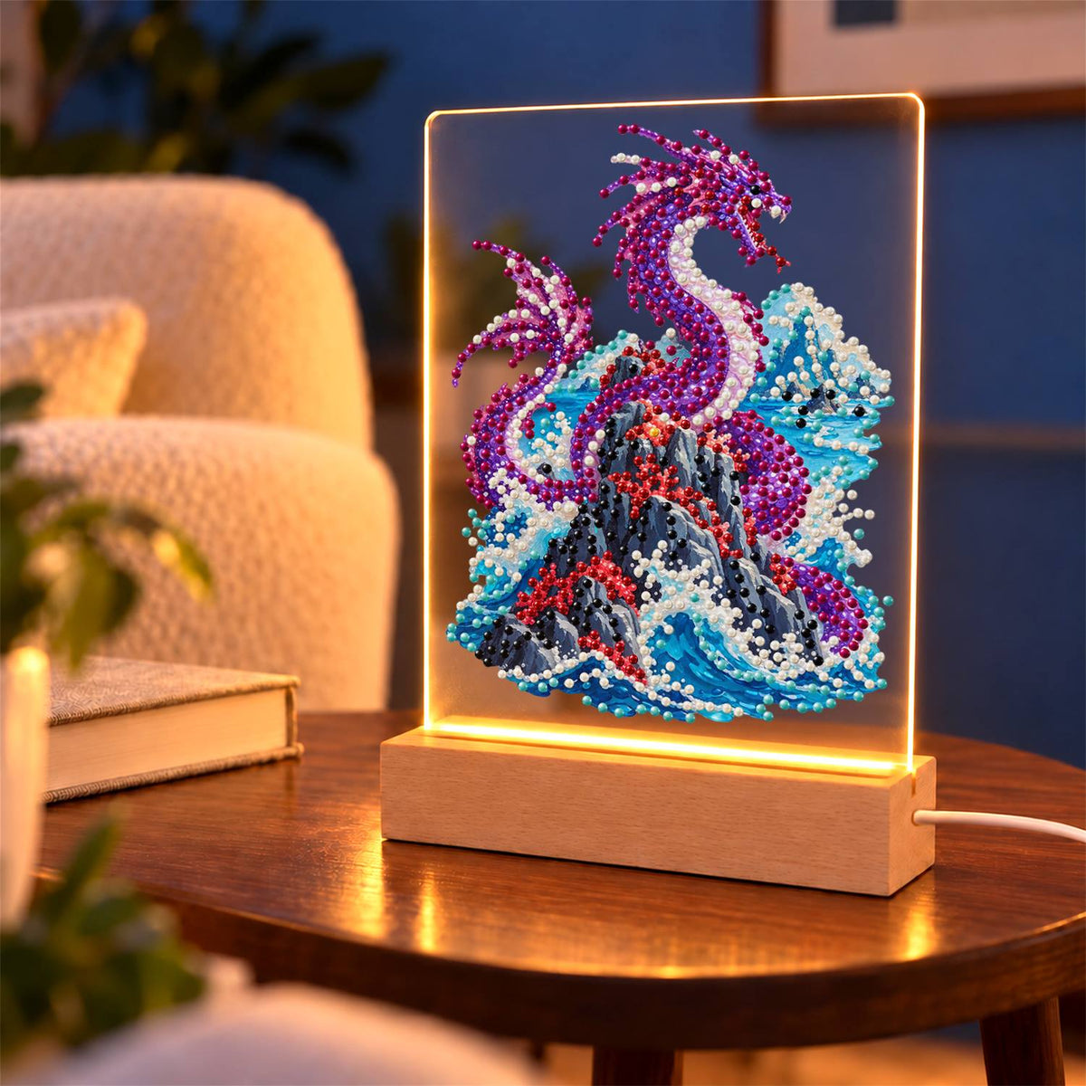 Violet Dragon Over Crashing Waves (Light-Up Pearl Painting)